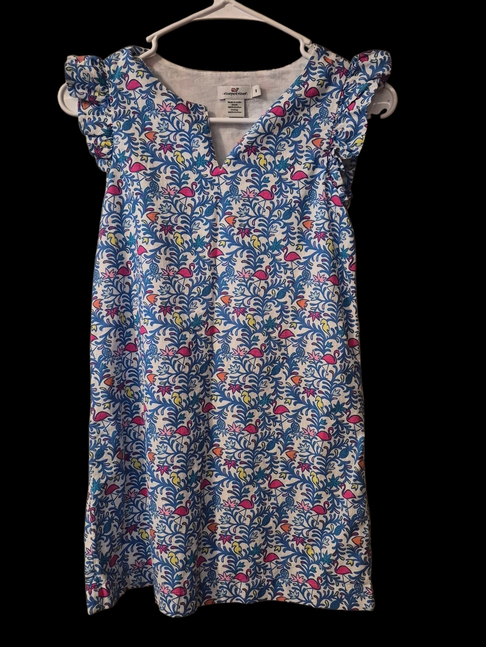 Vineyard Vines Blue Floral Dress with Pink Flamingos